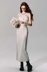 White Slim Fit Dress with 3D Flowers